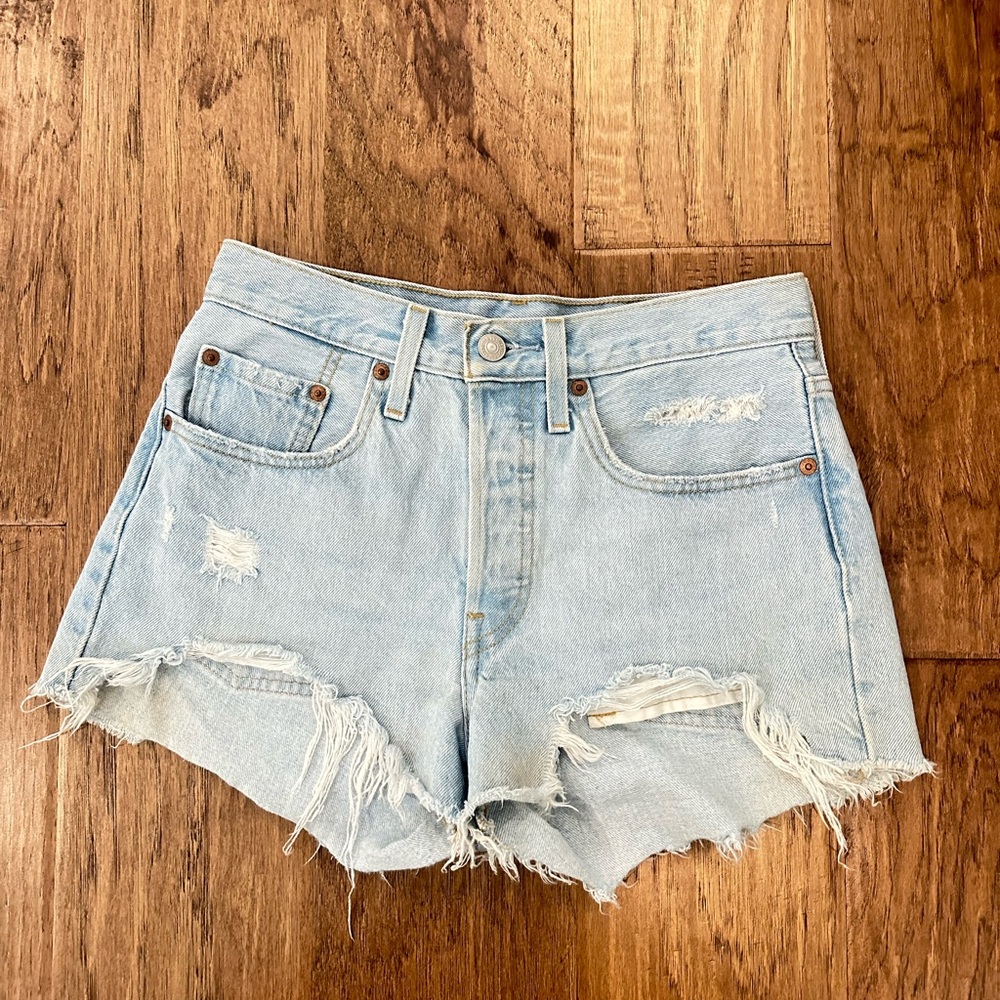 Levi's Light Blue Frayed Denim Shorts